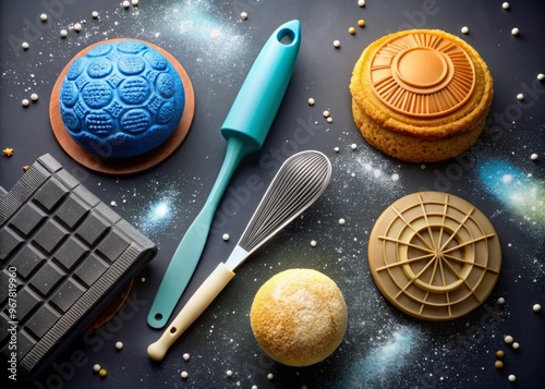 Galactic-inspired baking utensils, including a lightsaber-shaped pastry brush and Death Star-patterned silicone mats, photo