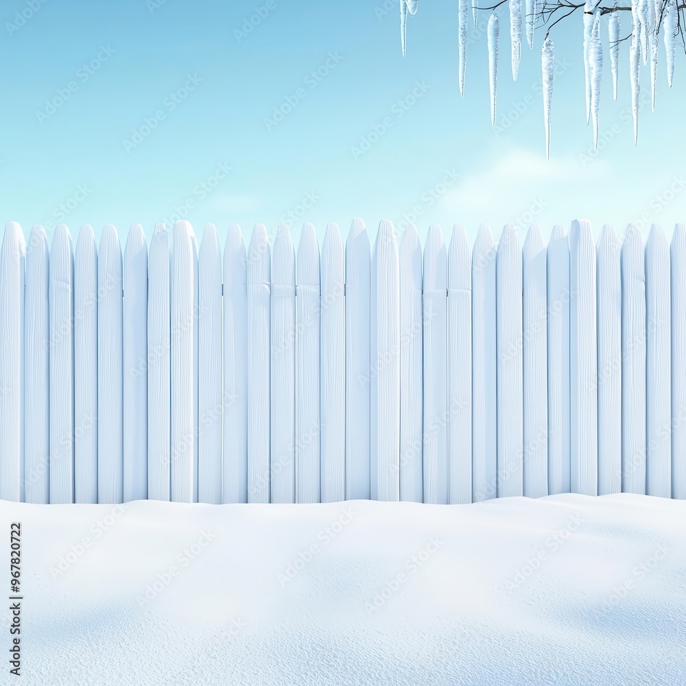 Snow-covered fence, with icicles hanging down, 3D illustration, copy space for text, Snow-covered fence, with icicles hanging down, 3D illustration, copy space for text,