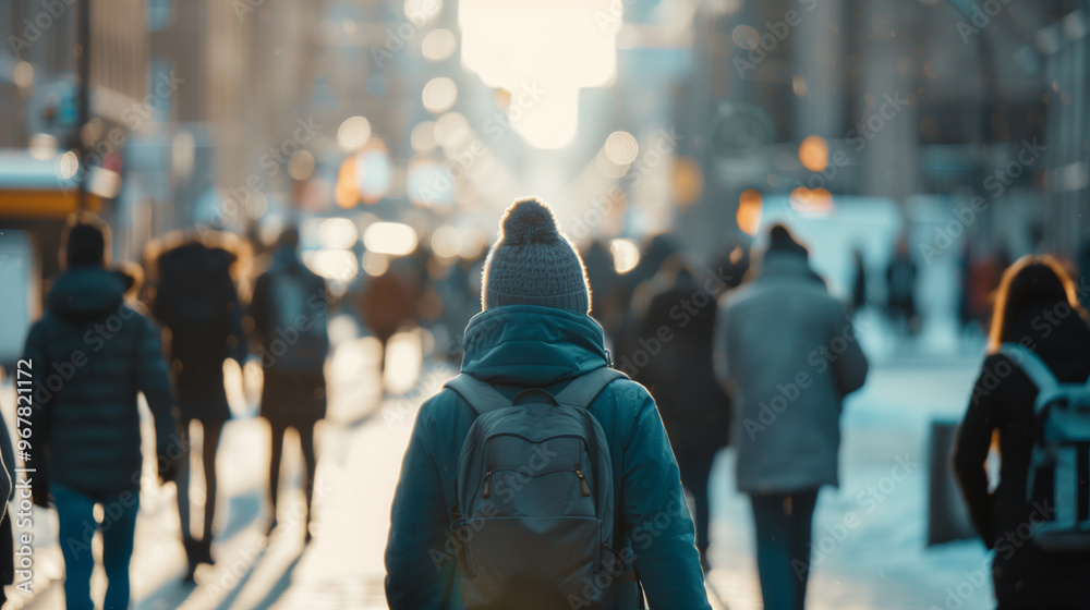 person with backpack walking on crowded pedestrian street in winter