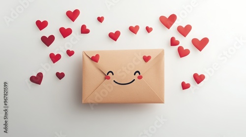 A cheerful envelope with a smiley face surrounded by red hearts.