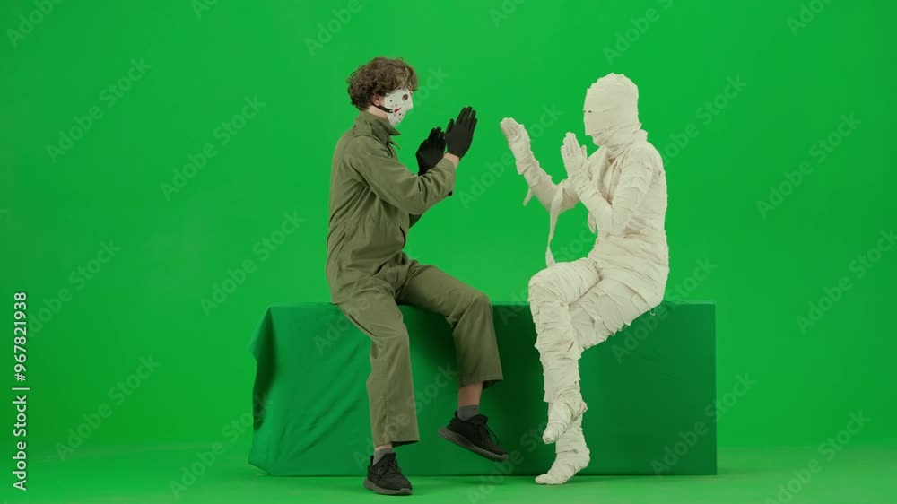 Portrait of person in a mummy bandage on chroma key green screen background. Mummy and maniac sitting playing clapping game, mummy confused. Portrait of person in a mummy bandage on chroma key green screen background. Mummy and maniac sitting playing clapping game, mummy confused.