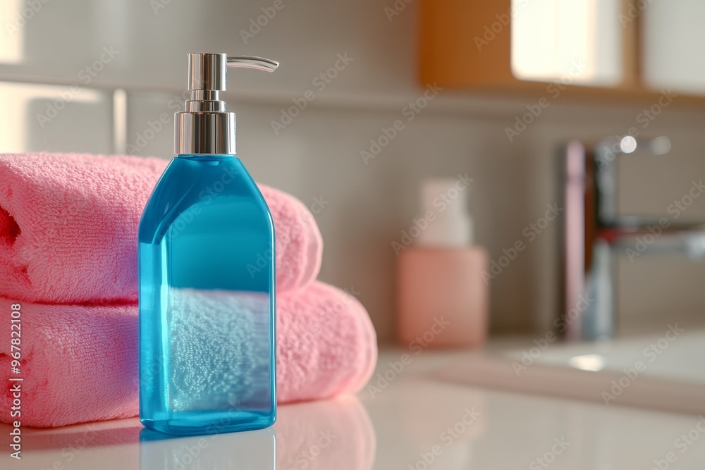 Blue bottle of liquid soap with pink towels on table and out-of-focus background Blue bottle of liquid soap with pink towels on table and out-of-focus background