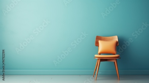 Mid-century modern chair with cushion against a teal wall.