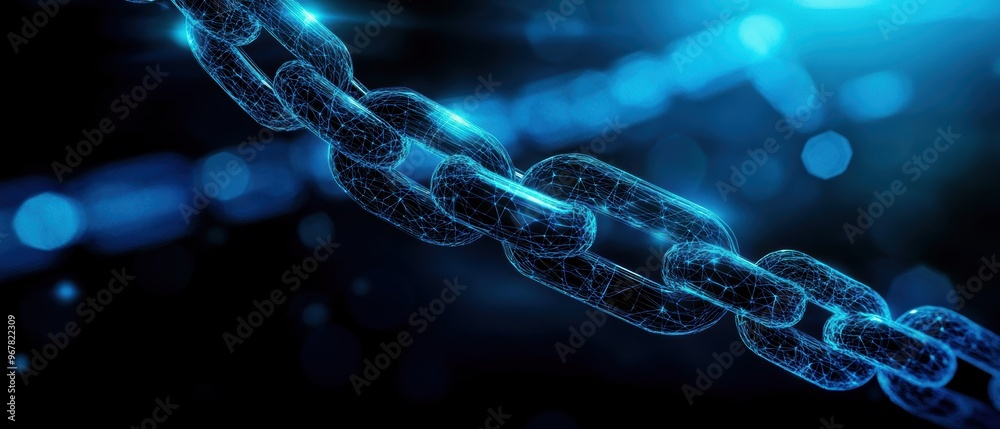 A close-up of a futuristic chain design showcasing glowing elements and a dynamic blue background, symbolizing connection and technology.