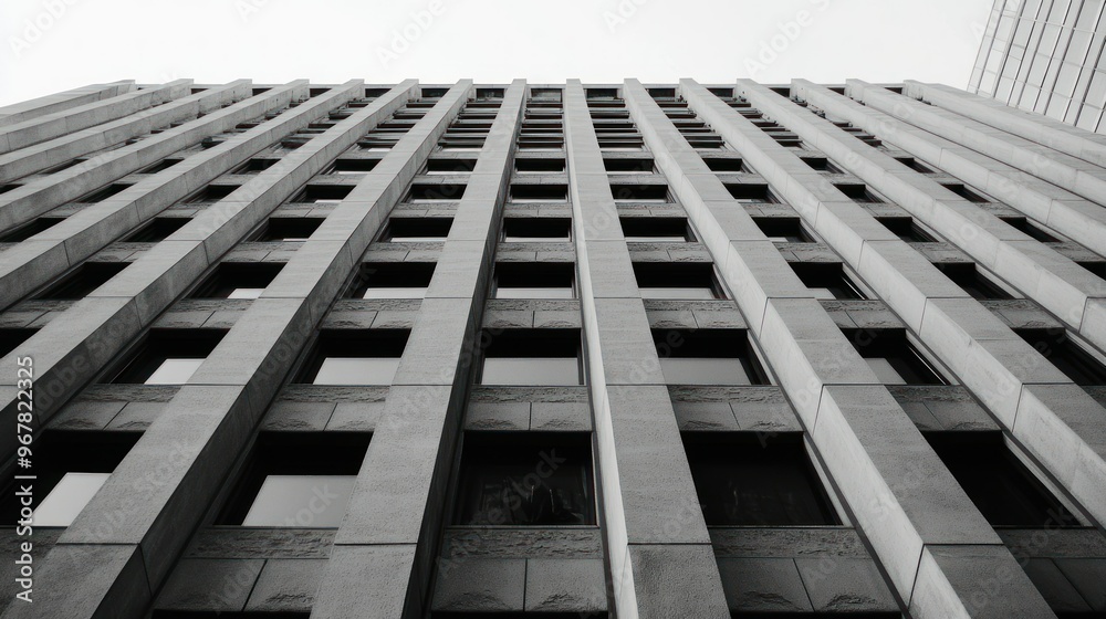 A monochrome view of a modern building's facade, showcasing its geometric lines and windows. A monochrome view of a modern building's facade, showcasing its geometric lines and windows.