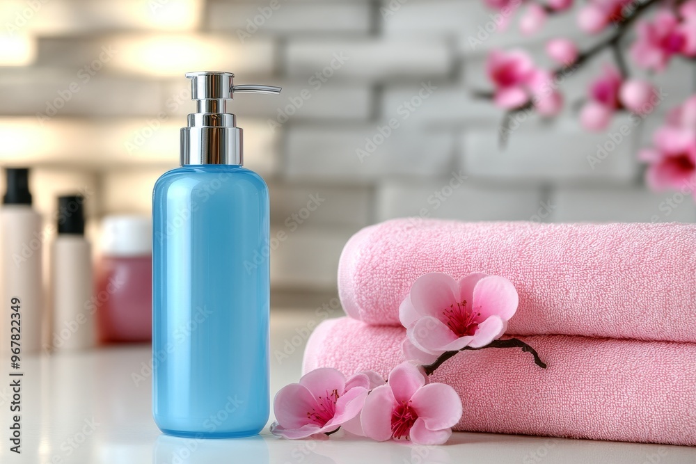 Blue bottle of liquid soap with pink towels on table and out-of-focus background Blue bottle of liquid soap with pink towels on table and out-of-focus background