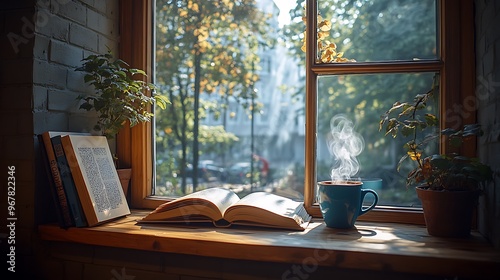 Wallpaper Mural A cozy café corner with a steaming coffee cup next to an open book, sunlight filtering softly through the window, warm tones and wooden textures, Torontodigital.ca