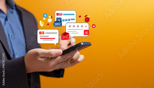 ビジネススーツを着た人物がスマートフォンを持っており、画面からはSNSやメール通知、チャットメッセージなどのアイコンや吹き出しが飛び出すように表示されています。背景は黄色で、デジタルコミュニケーションやビジネスでのメッセージ管理を象徴しています。generative AI