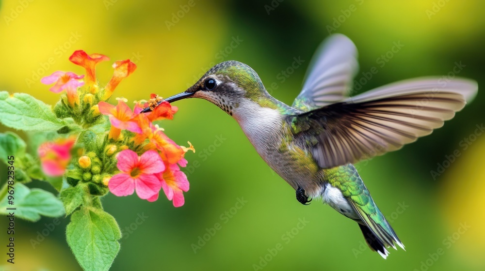 Naklejka premium The charming Hummingbird feeds on sweet nectar from flowers
