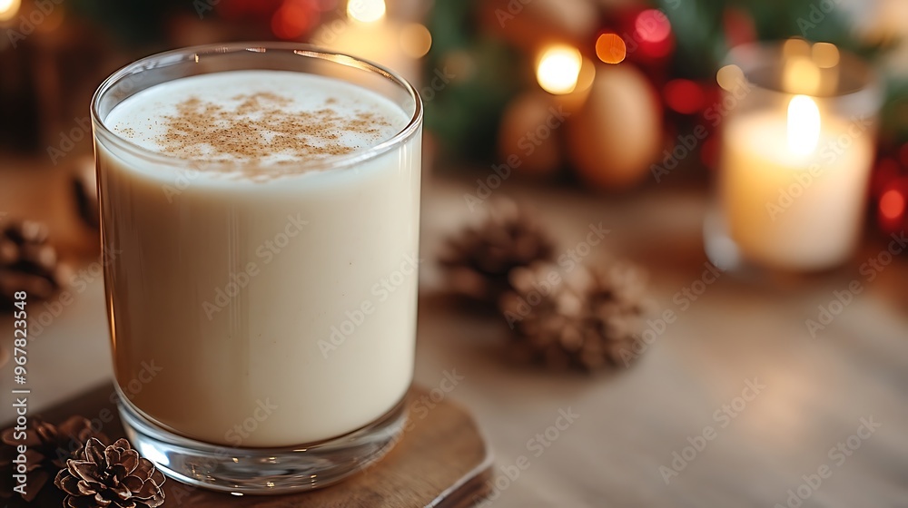A cozy café with a seasonal eggnog latte, topped with a sprinkle of nutmeg, soft candlelight and festive holiday garlands in the background,