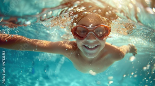 Cute smiling child having fun swimming and diving in the pool at the resort on summer vacation. Sun shines under water and sparkling water reflection. Activities and sports to happy kid