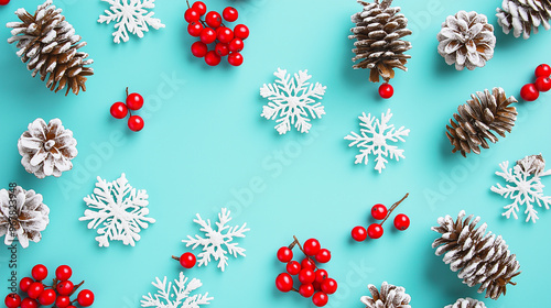 Composição de Natal ou inverno. Flocos de neve e frutas vermelhas e pinhas em fundo azul-petróleo. Conceito de Natal, inverno, ano novo. Flat lay, vista superior, espaço para cópia photo