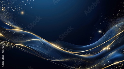 Luxury dark blue banner with golden lines and waves, designed as an elegant template for business conference invitations, corporate party posters, or presentation mockups. Perfect for upscale events, 