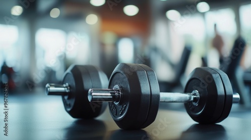 Dumbbell on Gym Floor with Blurry Background