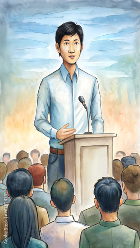 Portrait of young handsome Asian male speaker publicly speaking on stage to group of audience with white board behind