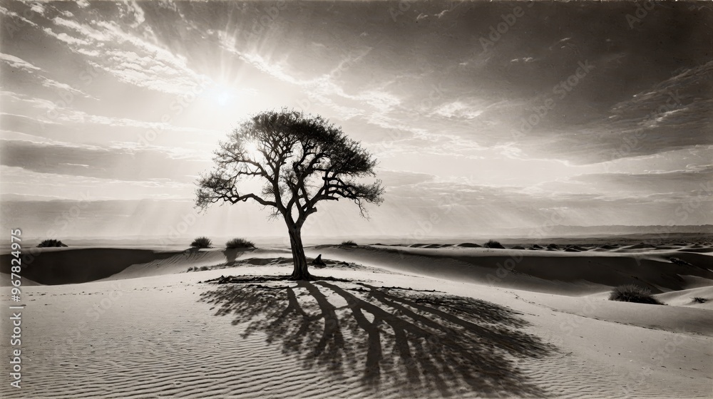 Obraz premium Generative AI, Sepia Tone Lone Tree in a Desert Landscape: A Solitary and Stark Scene of Nature’s Endurance and Beauty