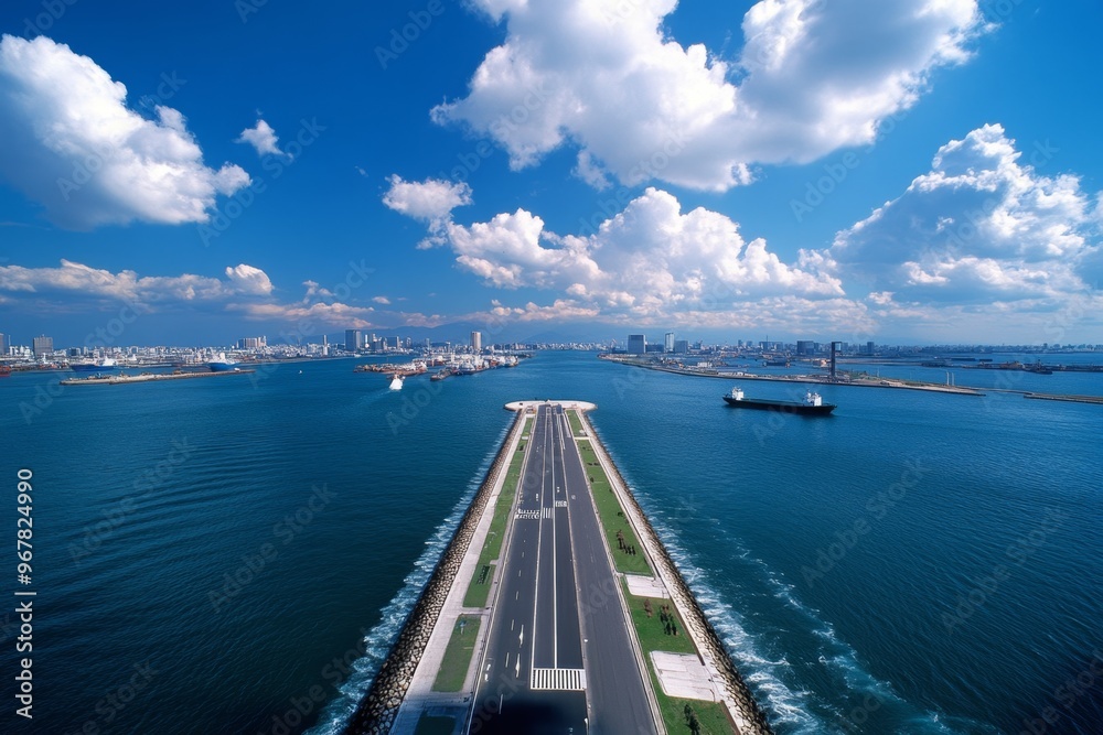 Obraz premium Aerial view of Osaka Bay, where the industrial side of the city meets the vastness of the sea, with ships coming in and out of port