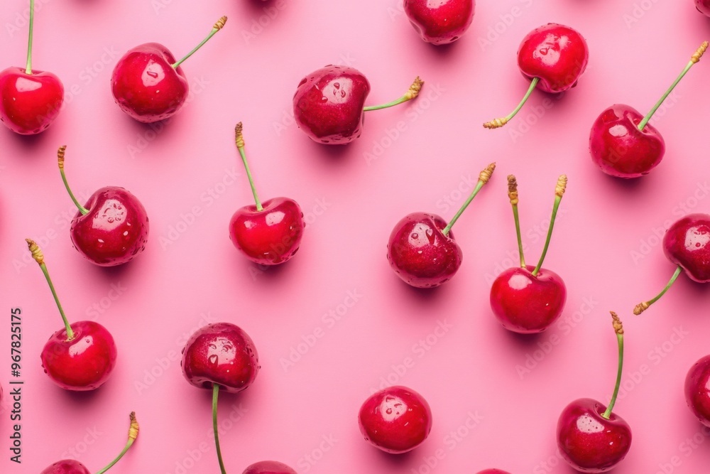 Wet Red Cherries on Pink Background