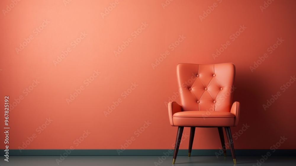 Orange armchair in front of a coral wall. Orange armchair in front of a coral wall.
