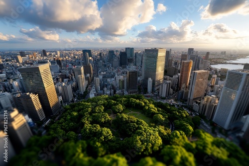 Birdâ€™s-eye view of Osaka, capturing the dense city grid, with towering buildings and tiny green pockets of parks scattered throughout