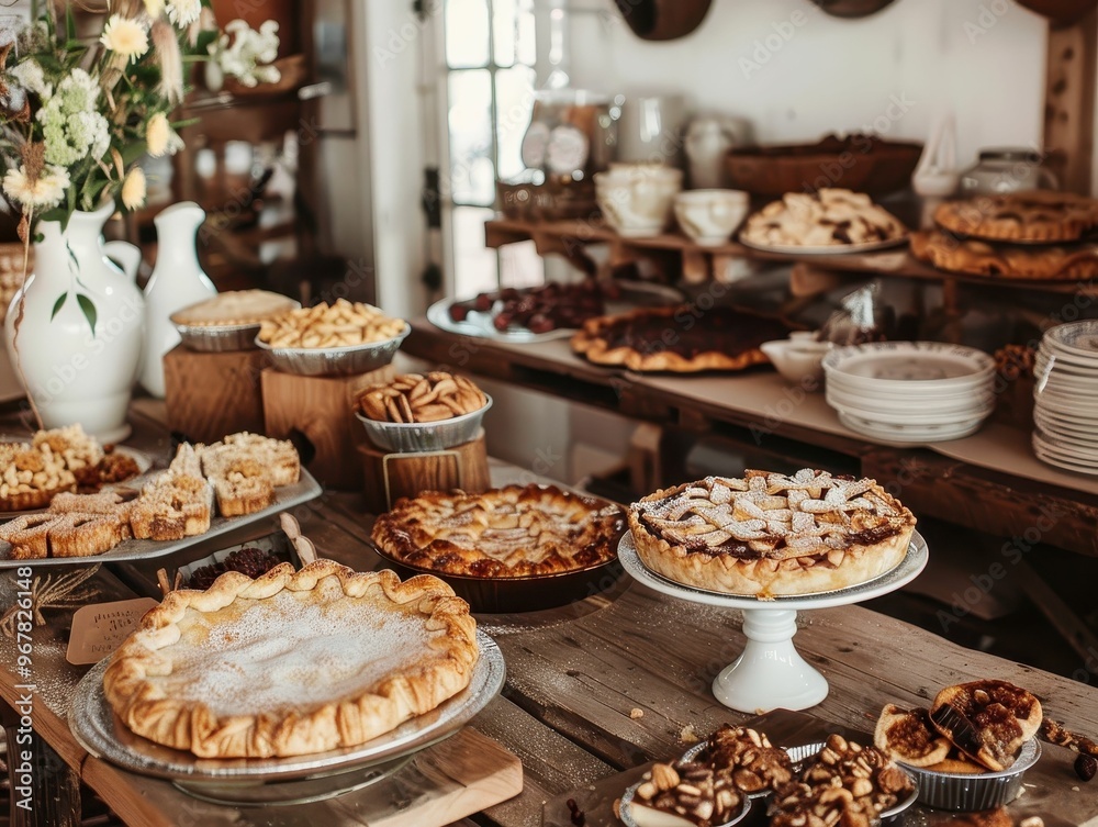 A rustic bakery counter overflowing with freshly baked pies, showcasing a variety of flavors and textures. A rustic bakery counter overflowing with freshly baked pies, showcasing a variety of flavors and textures.