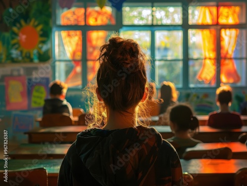 A thoughtful student sits in a classroom, bathed in warm sunlight, reflecting a moment of concentration and creativity.