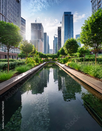 Fototapeta Naklejka Na Ścianę i Meble -  The greenery showcases a sustainable urban design with rain gardens and permeable surfaces strategically placed for managing stormwater runoff
