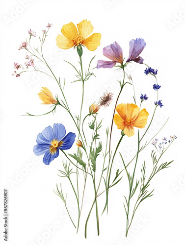 Beautiful watercolor illustration of wildflowers including blue, yellow, and purple blossoms with delicate stems and leaves. #967826907