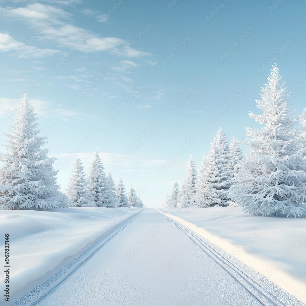 Winter road, lined with snow-covered trees, 3D illustration, copy space for text, Winter road, lined with snow-covered trees, 3D illustration, copy space for text,