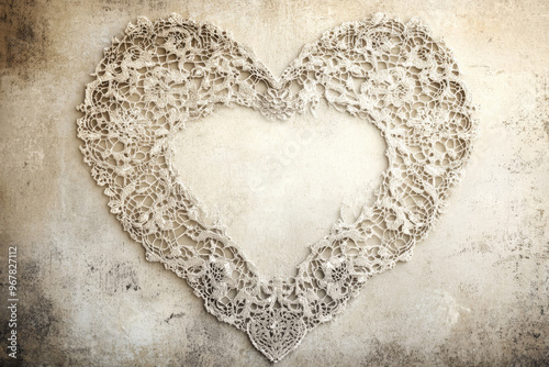 A vintage-inspired love symbol background with intricate lace patterns forming a heart shape in muted sepia tones, creating a classic and romantic ambiance. photo