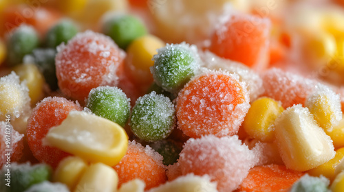 Close-Up Shot of Frozen Mixed Vegetables with Frost Crystals