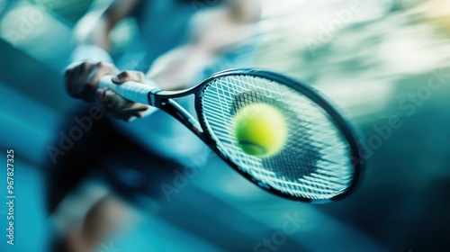 A blurred action shot of a player hitting a tennis ball with a racket.