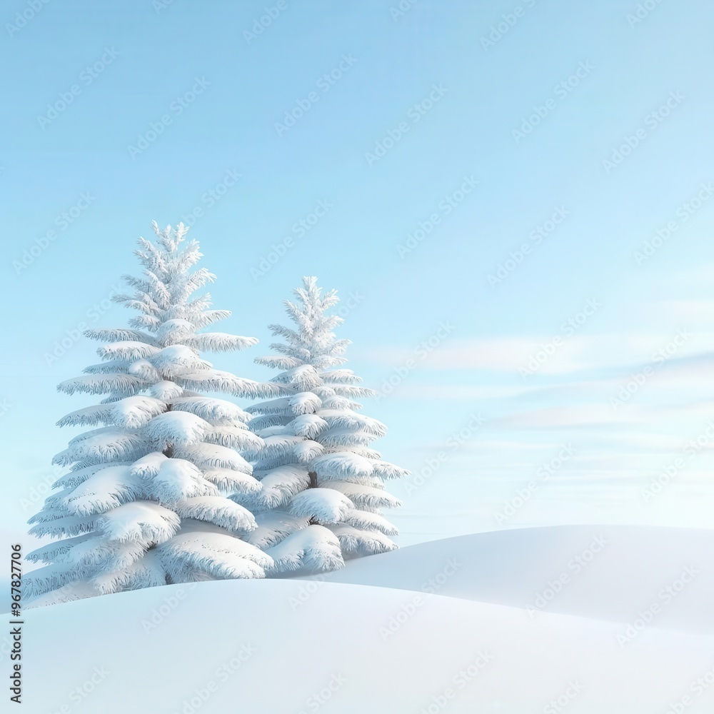 Winter wonderland, with snow-covered trees and sky, 3D illustration, copy space for text, Winter wonderland, with snow-covered trees and sky, 3D illustration, copy space for text,
