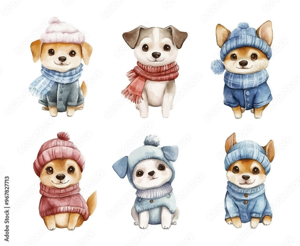 Obraz premium Cute puppies in winter hats. Vector dogs, watercolor. Colorful and cute clip art illustrations, perfect for greeting cards, invitations, banners, posters, textile, covers.