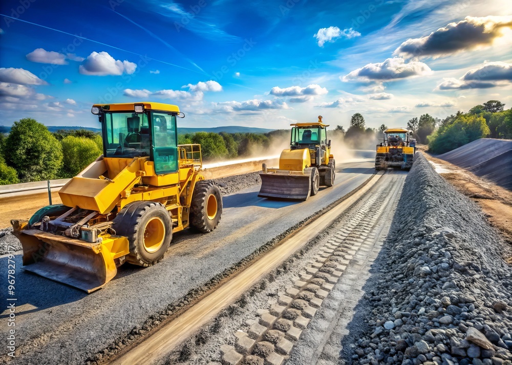 Heavy machinery lays down aggregate subgrade material, a critical layer of compacted gravel and soil, during a Heavy machinery lays down aggregate subgrade material, a critical layer of compacted gravel and soil, during a