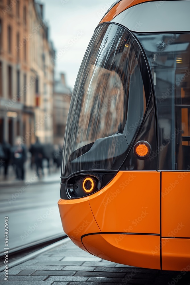 Obraz premium A close-up view of a modern electric bus in a city, showcasing its sleek design and vibrant orange color