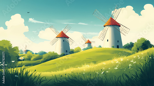 A serene countryside landscape, dotted with quaint windmills spinning lazily in the breeze, a reminder of simpler times intertwined with modern innovation. Windmill. Illustration photo