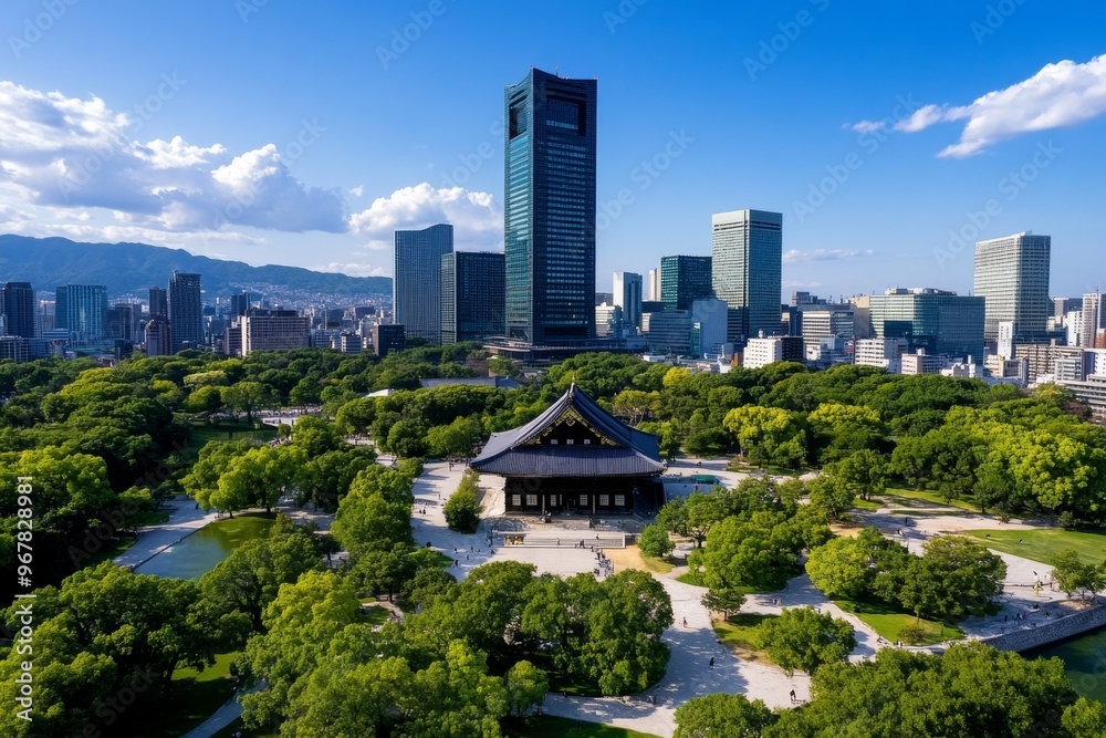Fototapeta premium Osaka Castle standing tall, nestled among modern skyscrapers, blending history and contemporary architecture in the heart of the city