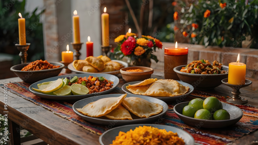 A festive table set with a variety of traditional dishes, candles, and vibrant flowers during a cultural celebration in an outdoor setting A festive table set with a variety of traditional dishes, candles, and vibrant flowers during a cultural celebration in an outdoor setting