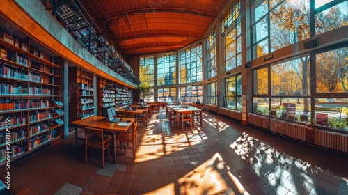 Bright library interior with large windows, wooden furniture, and autumn light creating a warm and inviting study atmosphere. photo