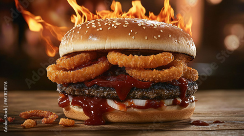Juicy burger with crispy onion rings and rich barbecue sauce on a sesame bun, with flames in the background, on a rustic wooden table.
