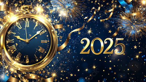 New Year's Eve 2025 celebration with fireworks, golden clock, confetti, and streamers, creating a festive and joyful atmosphere.