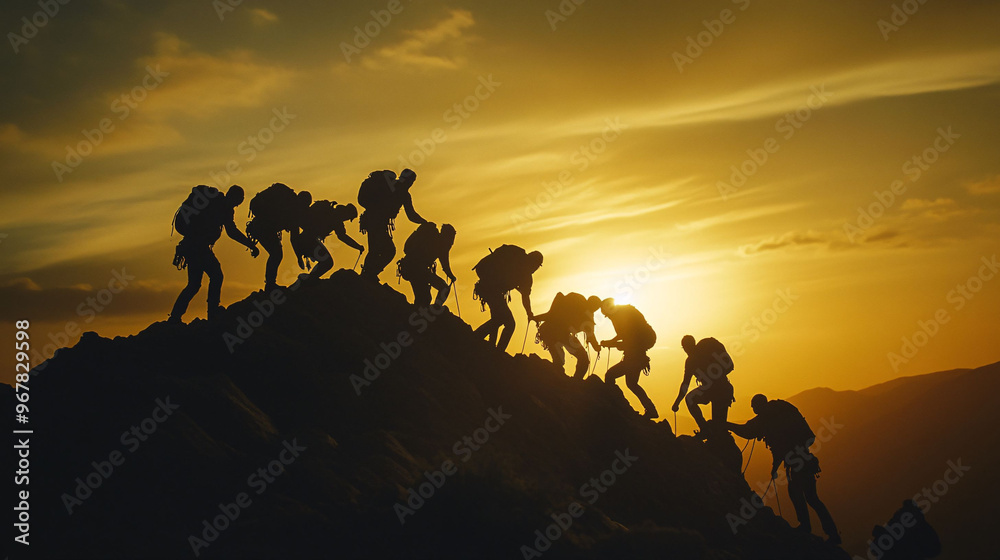 Fototapeta premium Silhouetted hikers climb a mountain at sunset, illustrating teamwork, adventure, and perseverance in a natural landscape.