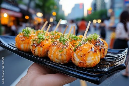 Osaka's famous food district, Kuromon Ichiba Market, packed with street food vendors selling takoyaki and fresh seafood