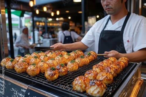 Osaka's famous food district, Kuromon Ichiba Market, packed with street food vendors selling takoyaki and fresh seafood photo