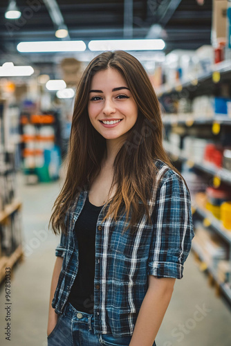 Young woman in a plaid shirt smiles confidently in a hardware store aisle with shelves of products in the background.