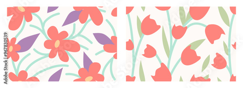 Seamless floral pattern, cute flower print in pretty colors. Tulips background with hand drawn flowers, tiny leaves in a liberty arrangement. Botanical design, vector illustration.