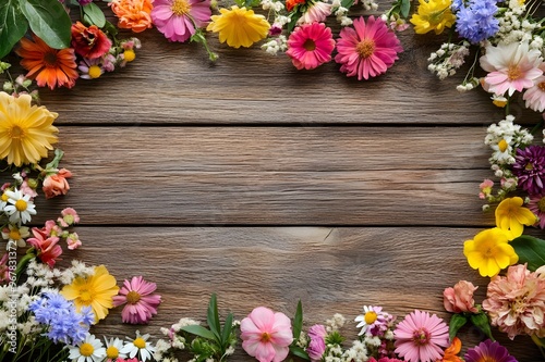 colourful flowers around background wooden photo