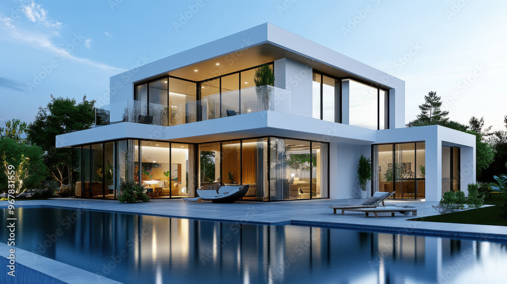 Contemporary two-story house with large glass windows and outdoor pool, showcasing minimalist architecture and sleek, modern design. Contemporary two-story house with large glass windows and outdoor pool, showcasing minimalist architecture and sleek, modern design.