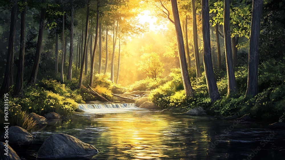 Obraz premium Sunbeams Illuminating a Tranquil Forest Stream